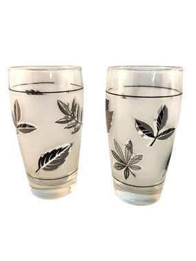 Vtg MCM Libbey Glass Frosted Silver Leaf Flat Tumbler Glasses 5.25"H Set Of 2